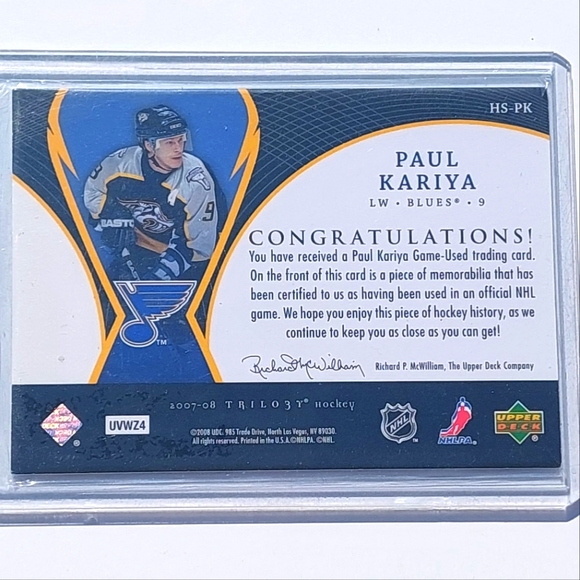 Paul Kariya Trilo3y Honorary Swatches Game Used Hockey Card 2007/08 HS-PK - Picture 2 of 2